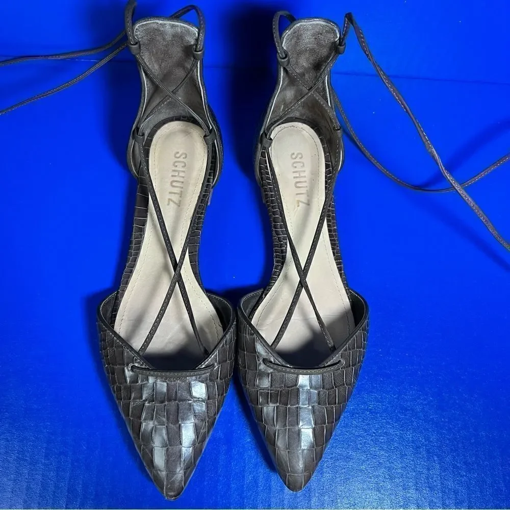 SCHUTZ Womens Neida Grey Crocodile Point Toe D'Orsay Leather Lace Up‎ Flats 6B